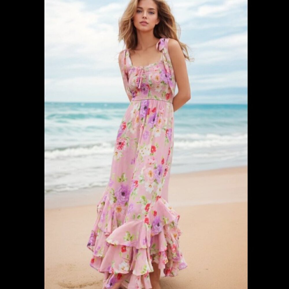 NWOT Yumi Kim Trisha Smocked Bodice Tie Strap Floral Dress Miami Magic Blush XS